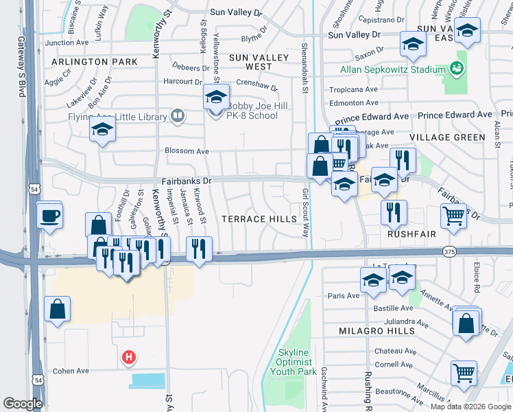 map of restaurants, bars, coffee shops, grocery stores, and more near 10081 Oakwood Drive in El Paso
