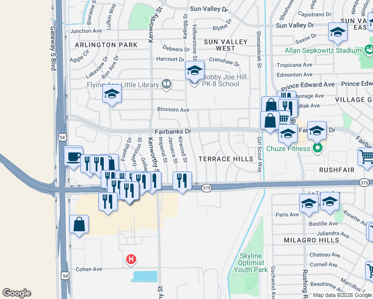map of restaurants, bars, coffee shops, grocery stores, and more near 10068 Kirwood Street in El Paso