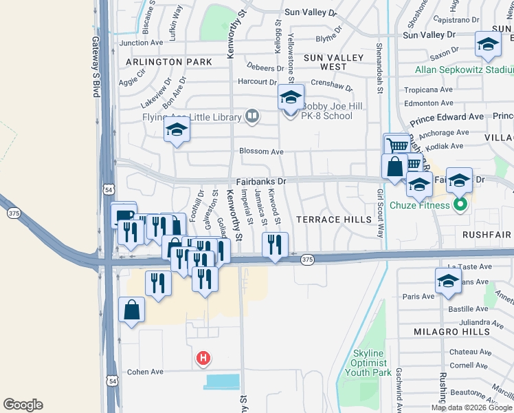 map of restaurants, bars, coffee shops, grocery stores, and more near 10068 Imperial Street in El Paso
