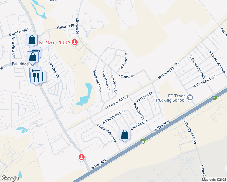 map of restaurants, bars, coffee shops, grocery stores, and more near 3013 San Pedro Drive in Odessa
