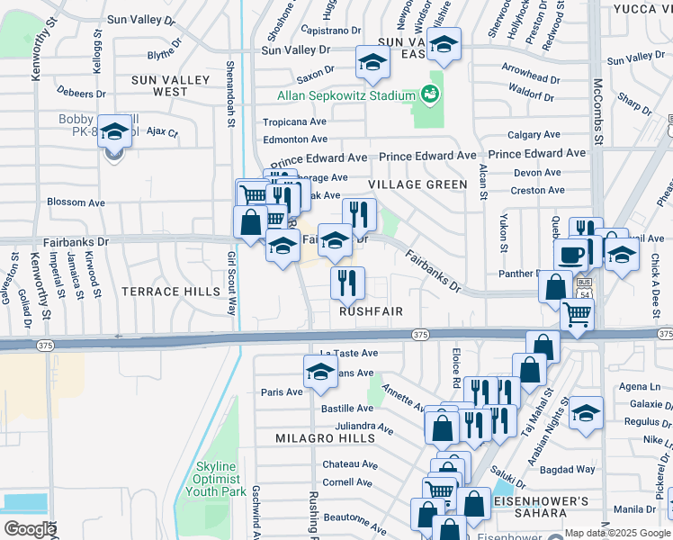map of restaurants, bars, coffee shops, grocery stores, and more near 5210 Fairbanks Drive in El Paso