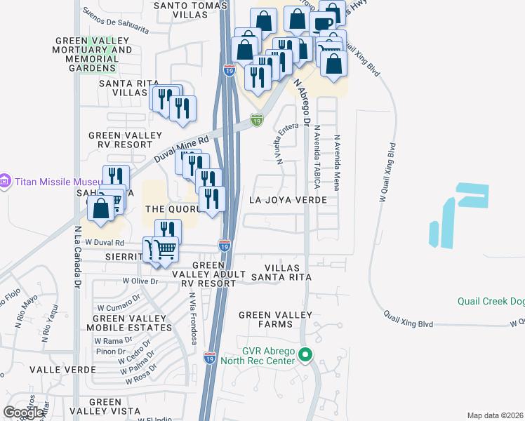 map of restaurants, bars, coffee shops, grocery stores, and more near 101 East Calle Vivaz in Green Valley