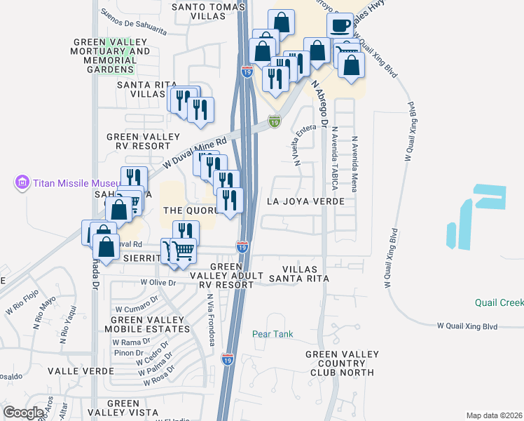 map of restaurants, bars, coffee shops, grocery stores, and more near 120 East Calle Trona in Green Valley