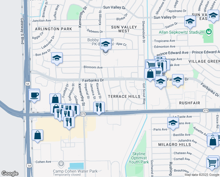 map of restaurants, bars, coffee shops, grocery stores, and more near Mercedes Street in El Paso