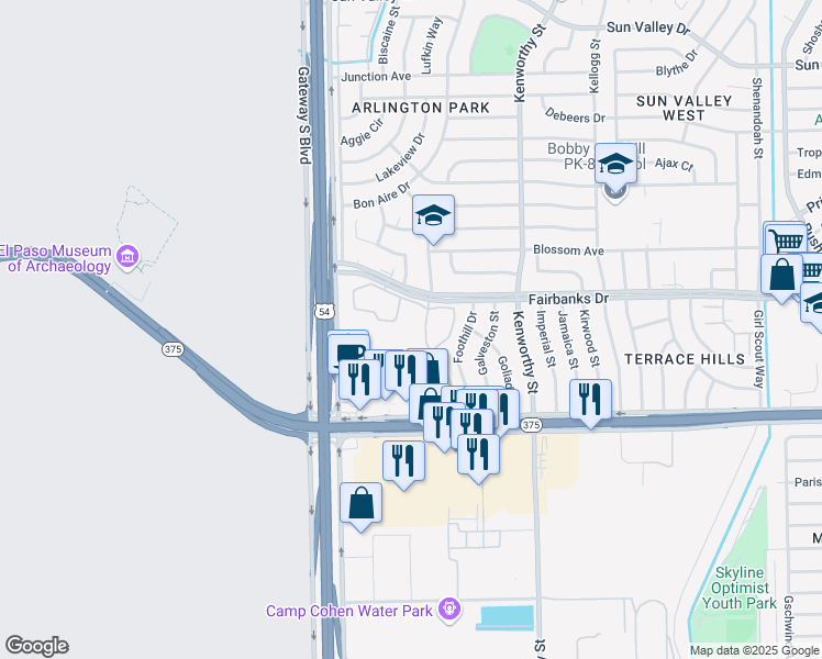 map of restaurants, bars, coffee shops, grocery stores, and more near 4600 Fairbanks Drive in El Paso