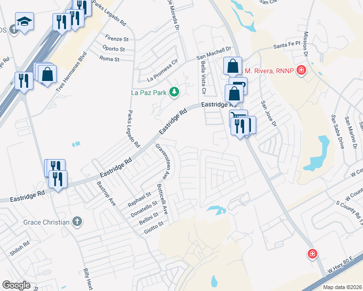 map of restaurants, bars, coffee shops, grocery stores, and more near 3300 Marksburg Avenue in Odessa