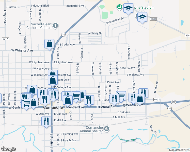 map of restaurants, bars, coffee shops, grocery stores, and more near 528 East Walcott Avenue in Comanche