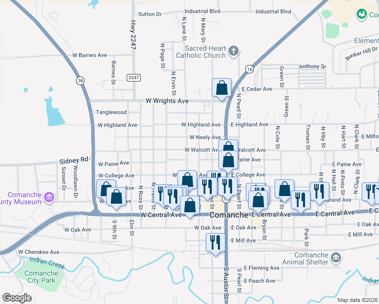 map of restaurants, bars, coffee shops, grocery stores, and more near 510 North Lane Street in Comanche