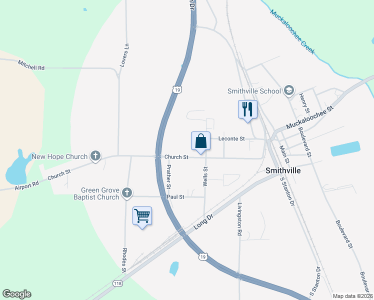 map of restaurants, bars, coffee shops, grocery stores, and more near 198 Church Street in Smithville