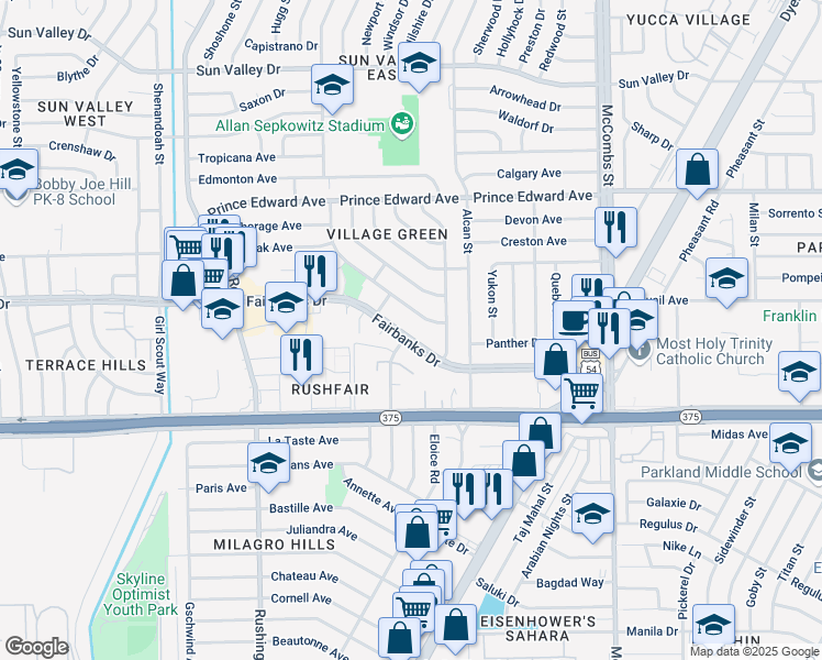 map of restaurants, bars, coffee shops, grocery stores, and more near 5425 Fairbanks Drive in El Paso