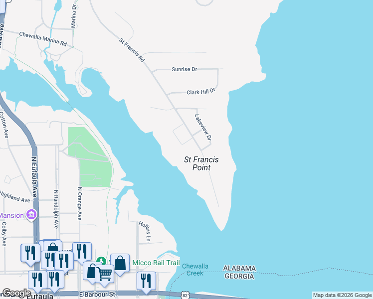 map of restaurants, bars, coffee shops, grocery stores, and more near 102 Creek Cir in Eufaula