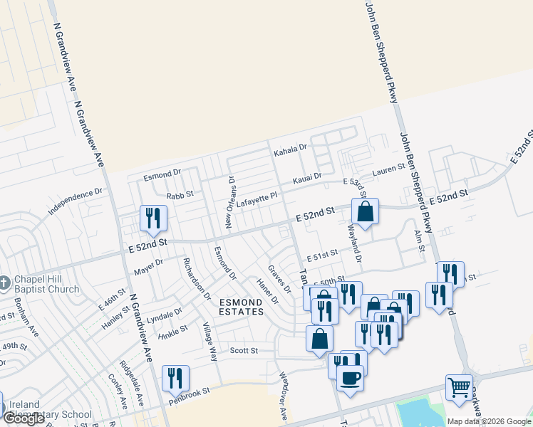 map of restaurants, bars, coffee shops, grocery stores, and more near 10 Louisiana Cove in Odessa