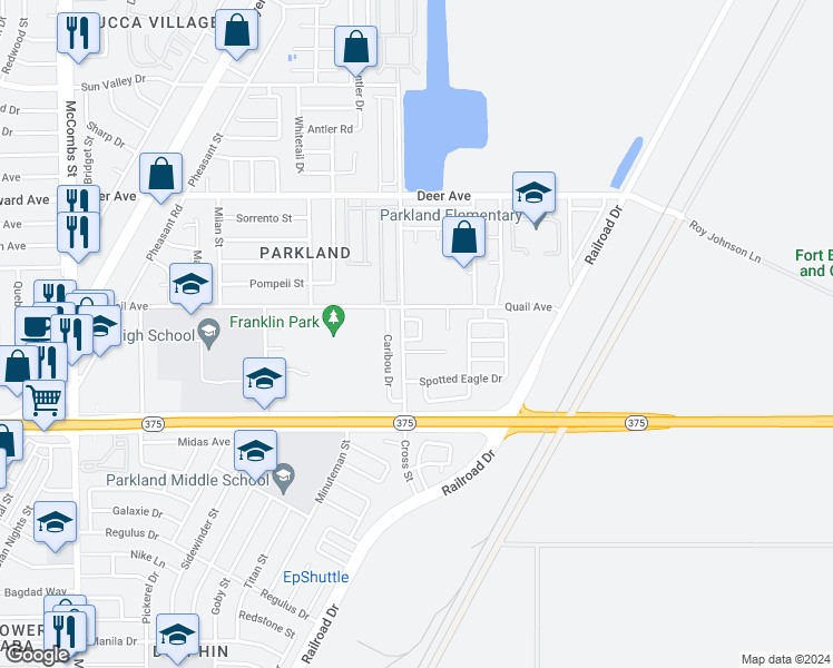 map of restaurants, bars, coffee shops, grocery stores, and more near 6243 Oryx Circle in El Paso