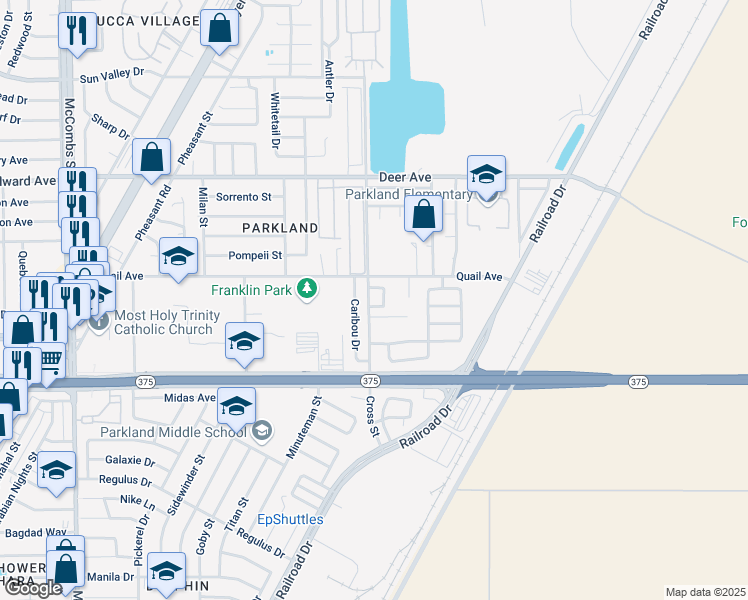 map of restaurants, bars, coffee shops, grocery stores, and more near 6243 Oryx Circle in El Paso