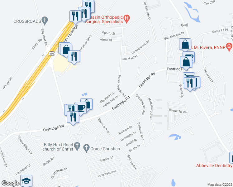 map of restaurants, bars, coffee shops, grocery stores, and more near 7256 Manford Lane in Odessa