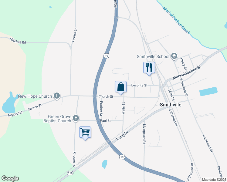 map of restaurants, bars, coffee shops, grocery stores, and more near 198 Church Street in Smithville