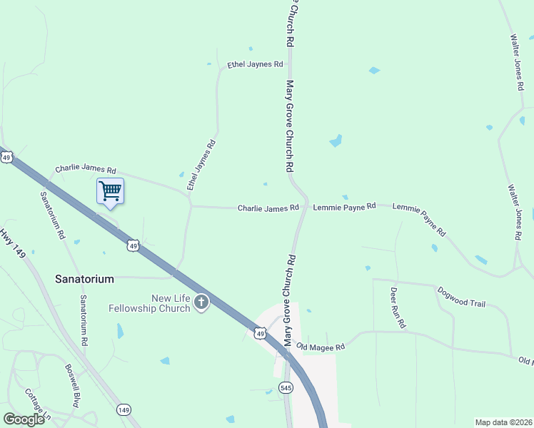 map of restaurants, bars, coffee shops, grocery stores, and more near 263 Charlie James Road in Mendenhall