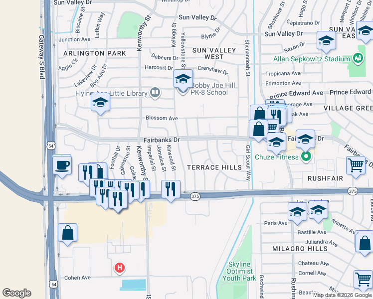 map of restaurants, bars, coffee shops, grocery stores, and more near 10073 Mercedes Street in El Paso