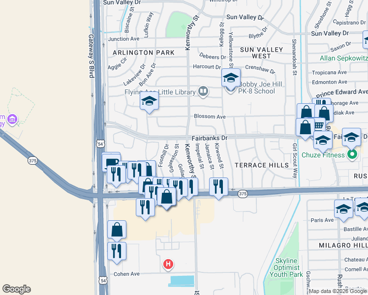 map of restaurants, bars, coffee shops, grocery stores, and more near 10069 Kenworthy Street in El Paso
