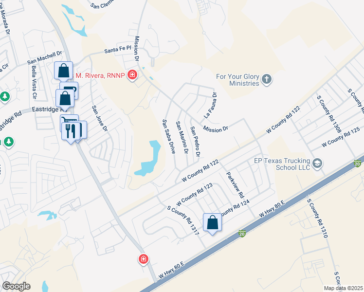 map of restaurants, bars, coffee shops, grocery stores, and more near 3101 San Marino Drive in Odessa