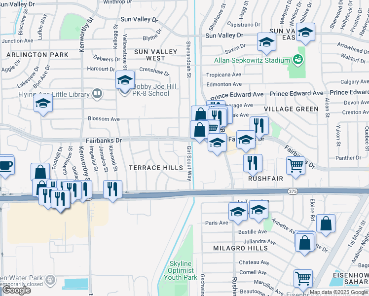 map of restaurants, bars, coffee shops, grocery stores, and more near 5030 Fairbanks Drive in El Paso