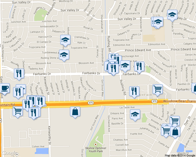 map of restaurants, bars, coffee shops, grocery stores, and more near 5020 Fairbanks Drive in El Paso