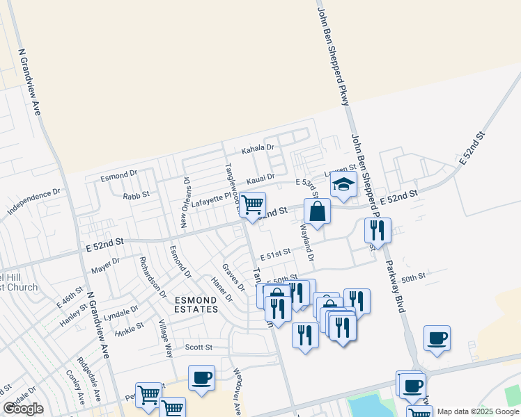 map of restaurants, bars, coffee shops, grocery stores, and more near 4113 East 52nd Street in Odessa