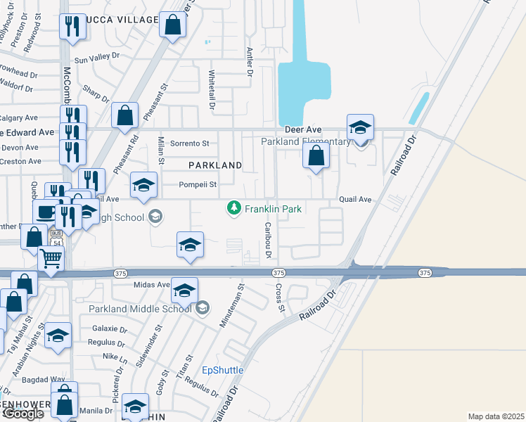 map of restaurants, bars, coffee shops, grocery stores, and more near 10049 Caribou Drive in El Paso