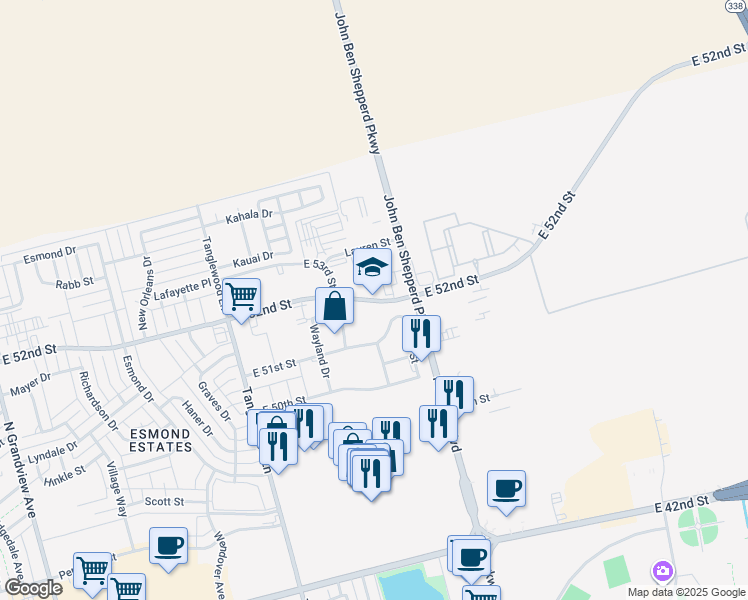 map of restaurants, bars, coffee shops, grocery stores, and more near in Odessa