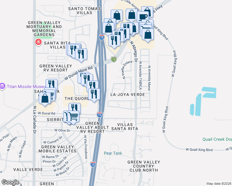 map of restaurants, bars, coffee shops, grocery stores, and more near 102 East Calle del Capullo in Green Valley