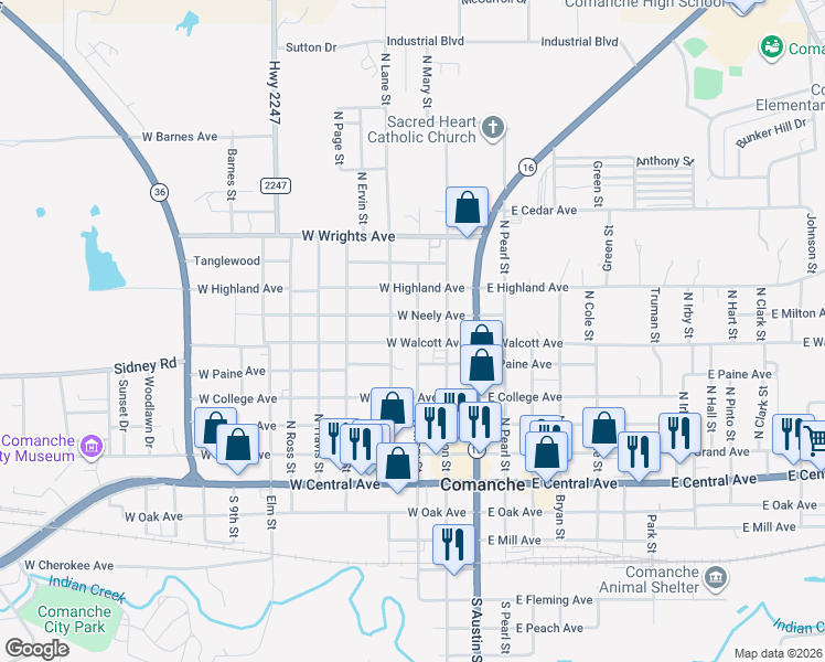 map of restaurants, bars, coffee shops, grocery stores, and more near 510 North Lane Street in Comanche