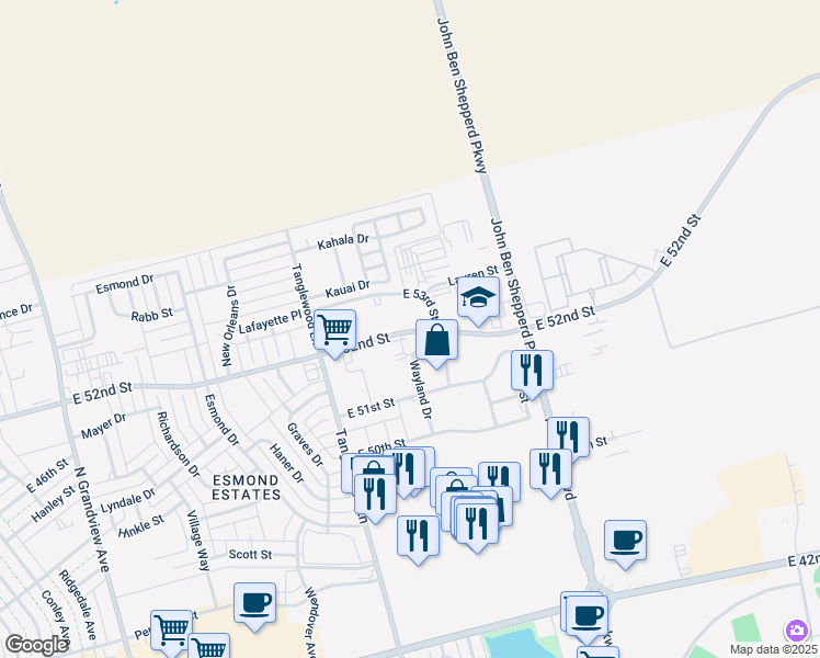 map of restaurants, bars, coffee shops, grocery stores, and more near 5125 Wayland Drive in Odessa