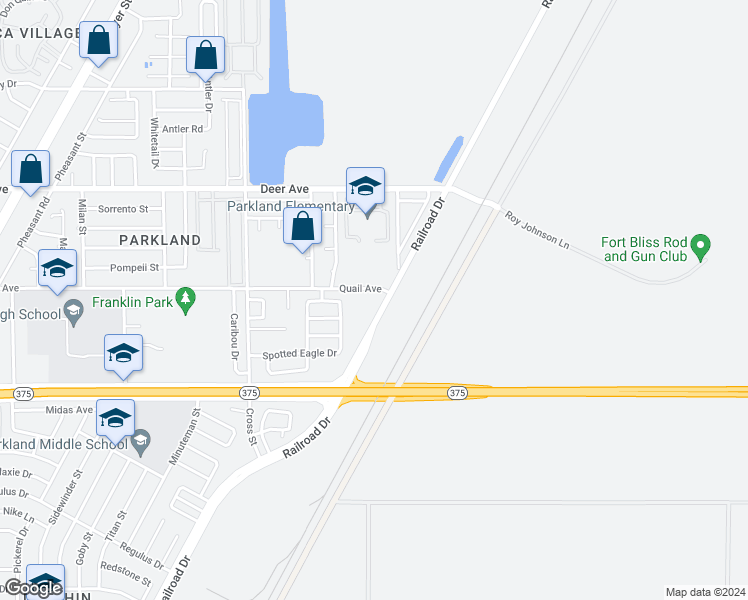 map of restaurants, bars, coffee shops, grocery stores, and more near 10033 Railroad Drive in El Paso