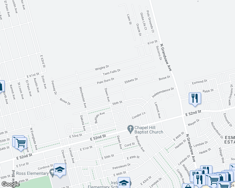 map of restaurants, bars, coffee shops, grocery stores, and more near 1814 Boise Drive in Odessa