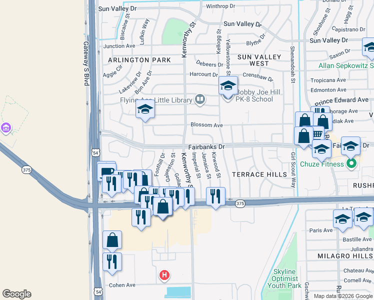 map of restaurants, bars, coffee shops, grocery stores, and more near 10069 Kenworthy Street in El Paso