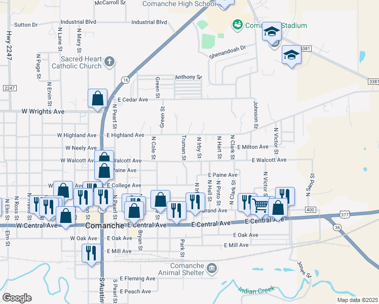 map of restaurants, bars, coffee shops, grocery stores, and more near 528 East Walcott Avenue in Comanche
