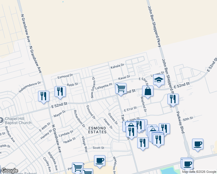 map of restaurants, bars, coffee shops, grocery stores, and more near 10 Louisiana Cove in Odessa