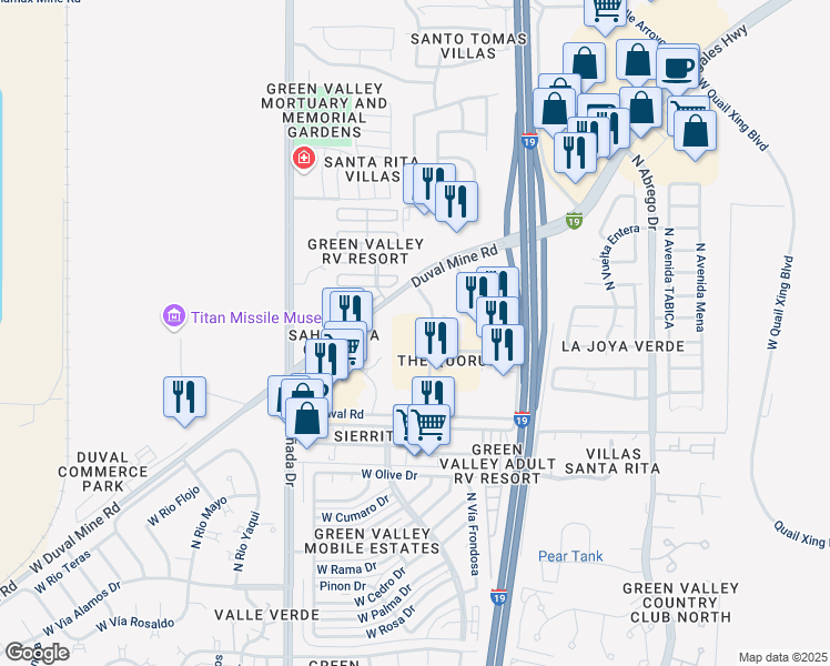 map of restaurants, bars, coffee shops, grocery stores, and more near 19190 South Alpha Avenue in Green Valley