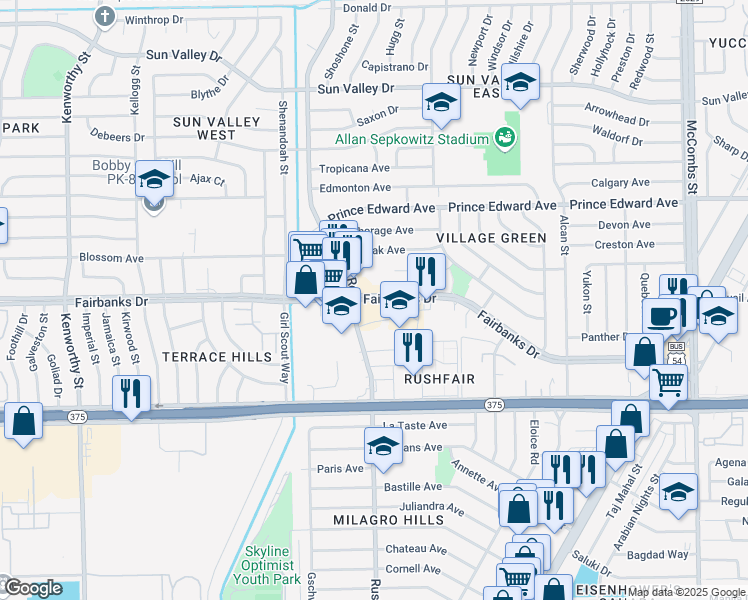 map of restaurants, bars, coffee shops, grocery stores, and more near 5210 Fairbanks Drive in El Paso