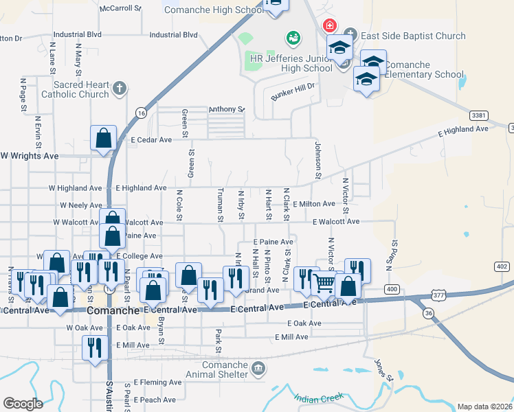 map of restaurants, bars, coffee shops, grocery stores, and more near 701 North Hart Street in Comanche