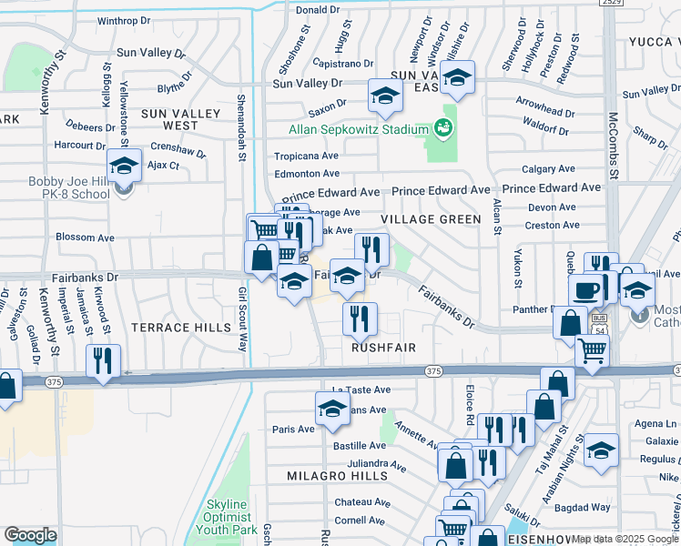 map of restaurants, bars, coffee shops, grocery stores, and more near 5205 Fairbanks Drive in El Paso