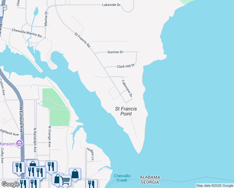 map of restaurants, bars, coffee shops, grocery stores, and more near 307 Saint Francis Road in Eufaula