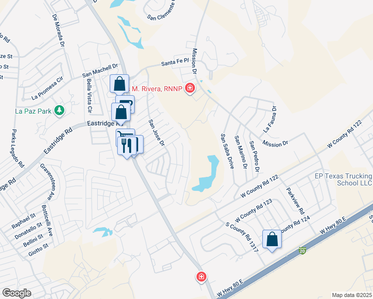 map of restaurants, bars, coffee shops, grocery stores, and more near 12 San Marcos in Odessa