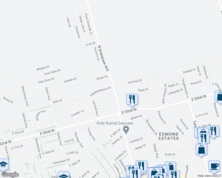 map of restaurants, bars, coffee shops, grocery stores, and more near 2244 Independence Drive in Odessa
