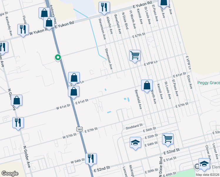 map of restaurants, bars, coffee shops, grocery stores, and more near 401 East 61st Street in Odessa