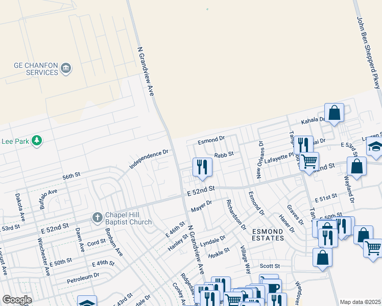 map of restaurants, bars, coffee shops, grocery stores, and more near 5417 Wimberley Street in Odessa
