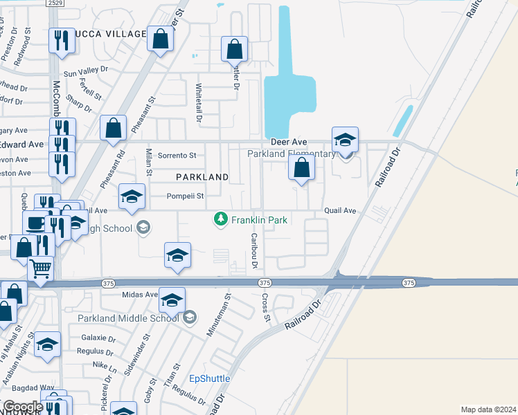 map of restaurants, bars, coffee shops, grocery stores, and more near 6145 Quail Avenue in El Paso