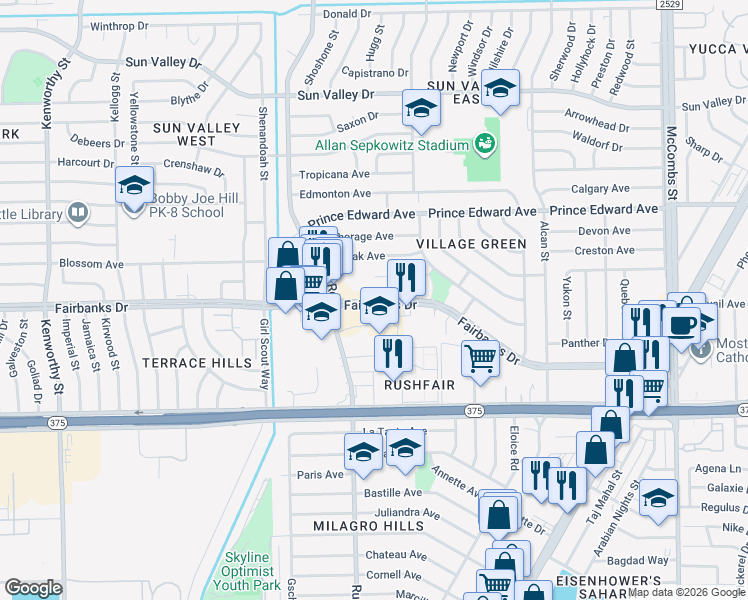 map of restaurants, bars, coffee shops, grocery stores, and more near 5235 Fairbanks Drive in El Paso