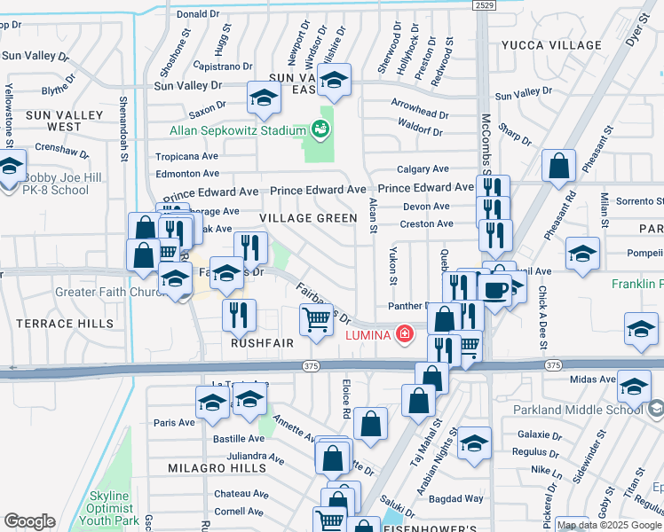map of restaurants, bars, coffee shops, grocery stores, and more near 5528 Vancouver Street in El Paso