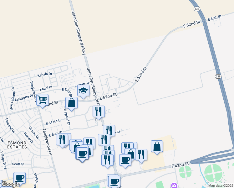 map of restaurants, bars, coffee shops, grocery stores, and more near 4999 East 52nd Street in Odessa